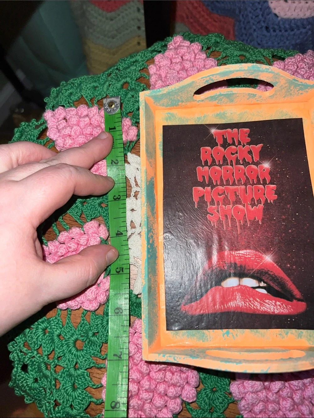 Rocky Horror Picture Show Themed Orange and Teal wooden trinket dish